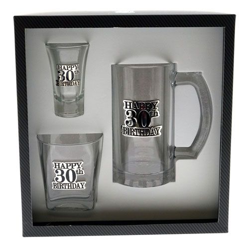30th Birthday Badged Scotch, Shot and Stein Glassware Gift Pack