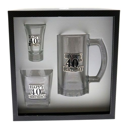 40th Birthday Badged Scotch, Shot and Stein Glassware Gift Pack