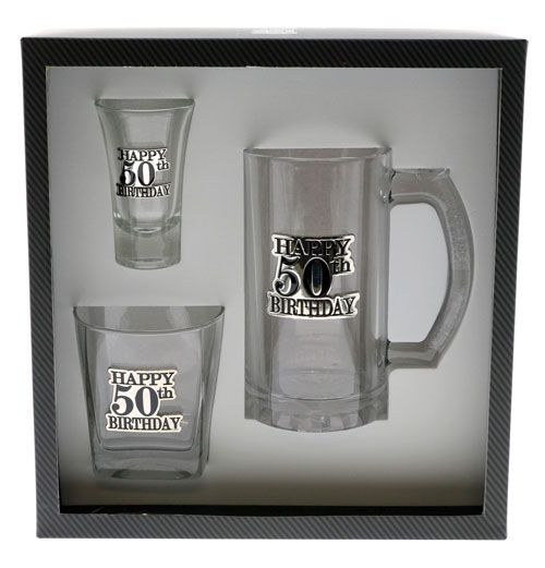 50th Birthday Badged Scotch, Shot and Stein Glassware Gift Pack