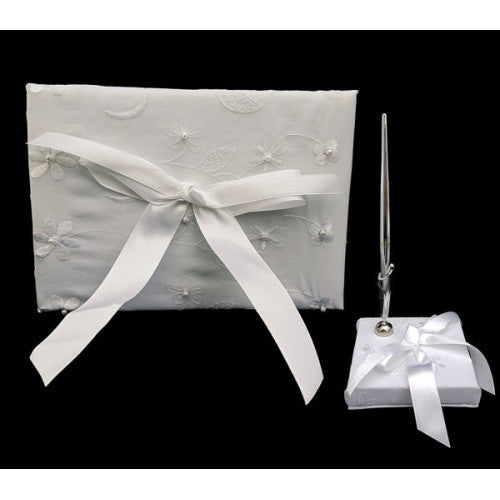 Guess Book and Pen White Embroided flowers and pearls