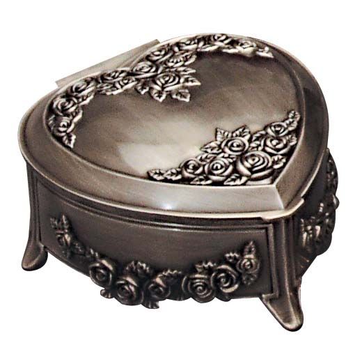 JEWELLERY BOX PEWTER FINISH - HEART w ROSES 4"