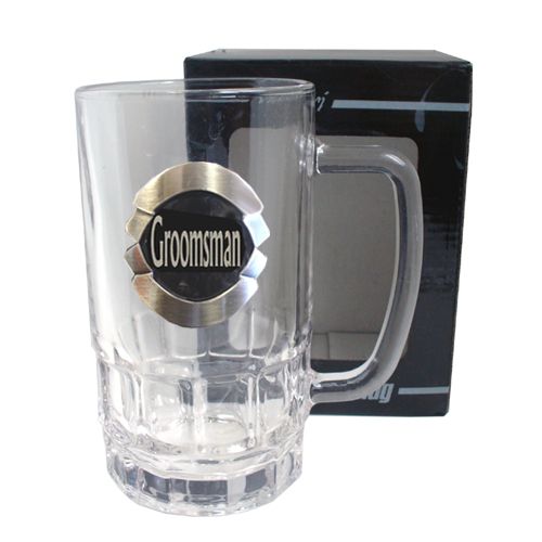 GROOMSMAN SILVER & BLACK BAGE BEER MUG GLASS BOXED 500ML