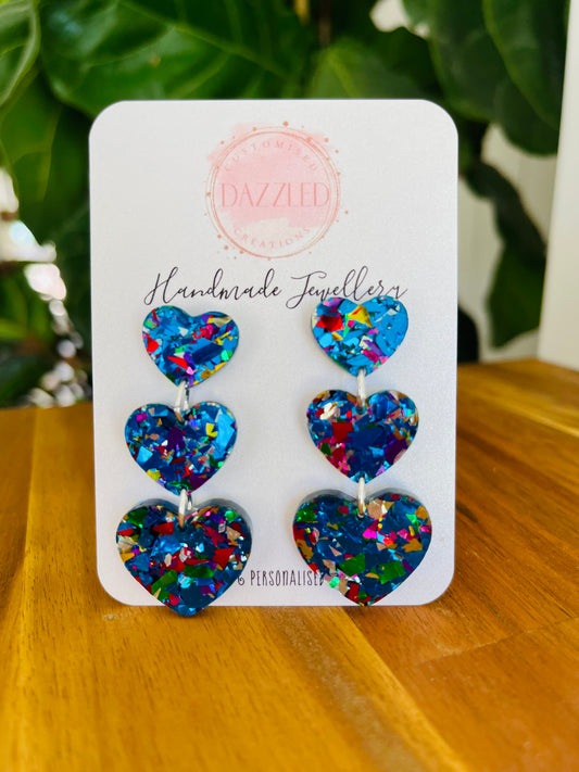 Triple my heart Dangles blue chunky glitter