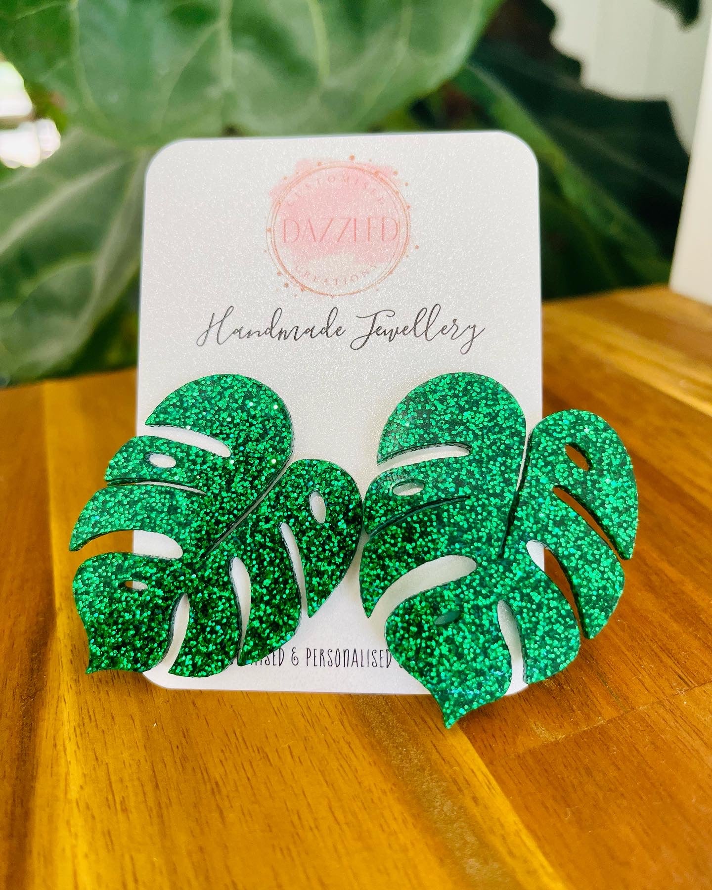 Monstera Leaf Green Glitter Studs