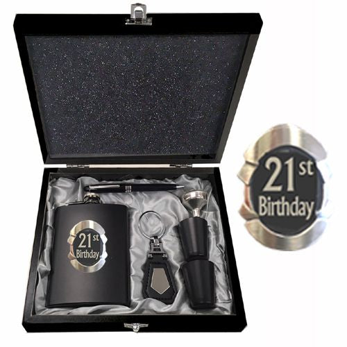21ST SIL & BLK MATT BLK FLASK-2 CUPS- FUNNEL+PEN+K/RING- BOXED