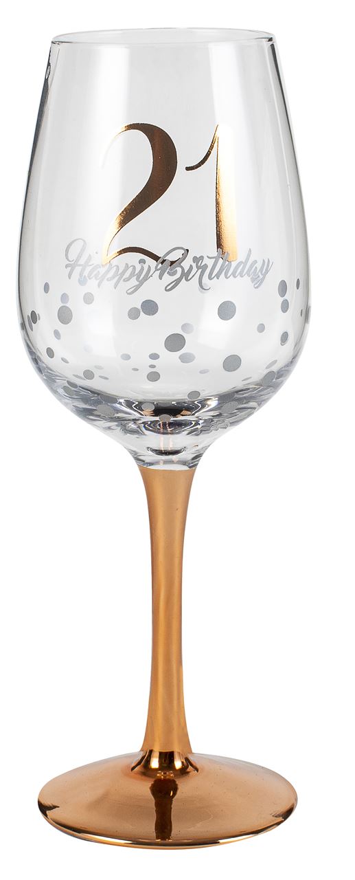 "21 HAPPY BIRTHDAY" ROSE GOLD STEM WINE GLASS - 430ml
