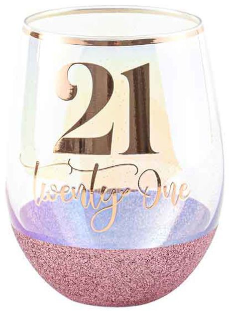 21 GLITTER STEMLESS WINE GLASS -  PINK - 600ml