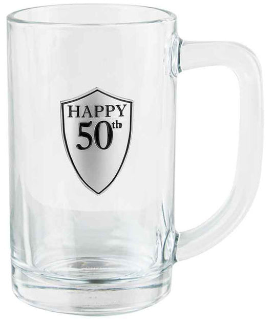 50TH GLASS BEER STEIN - PEWTER LOOK BADGE - 500ML