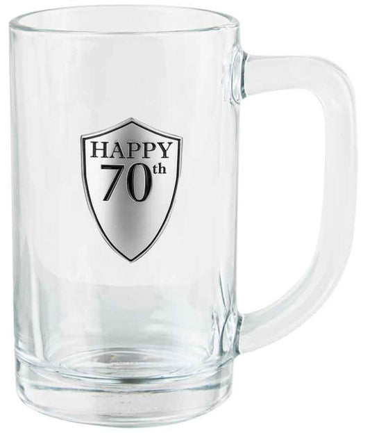 70th Glass Beer Stein - Pewter Look Badge - 500ml
