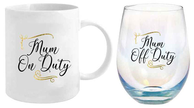 Mum On/Off Duty Mug and Stemless Wine Glass Set