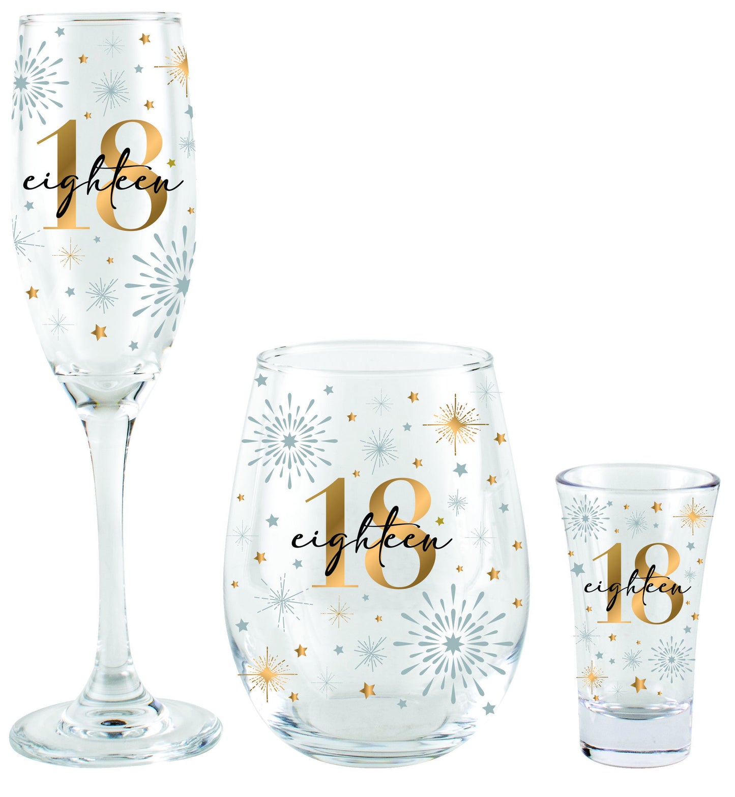 18th Champagne Stemless Wine Glass Shot 3pc Set