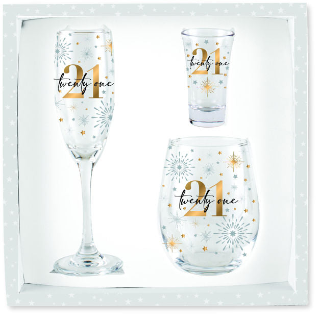 21st Champagne Stemless Wine Glass Shot 3pc Set
