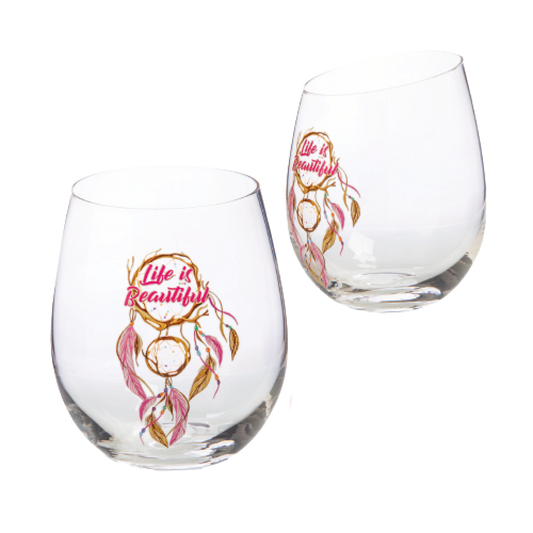 Bevel Stemless Wine Glass - Dreamcatcher - Life is Beautiful
