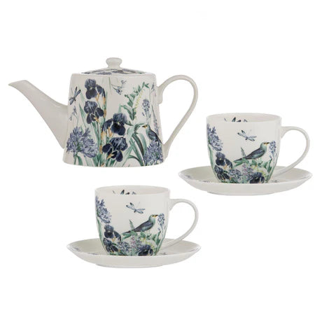 Iris Garden White Teapot & 2 Teacup Set