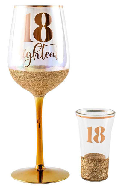 18 Rose Gold Glitter Wine and Shot Glass Set