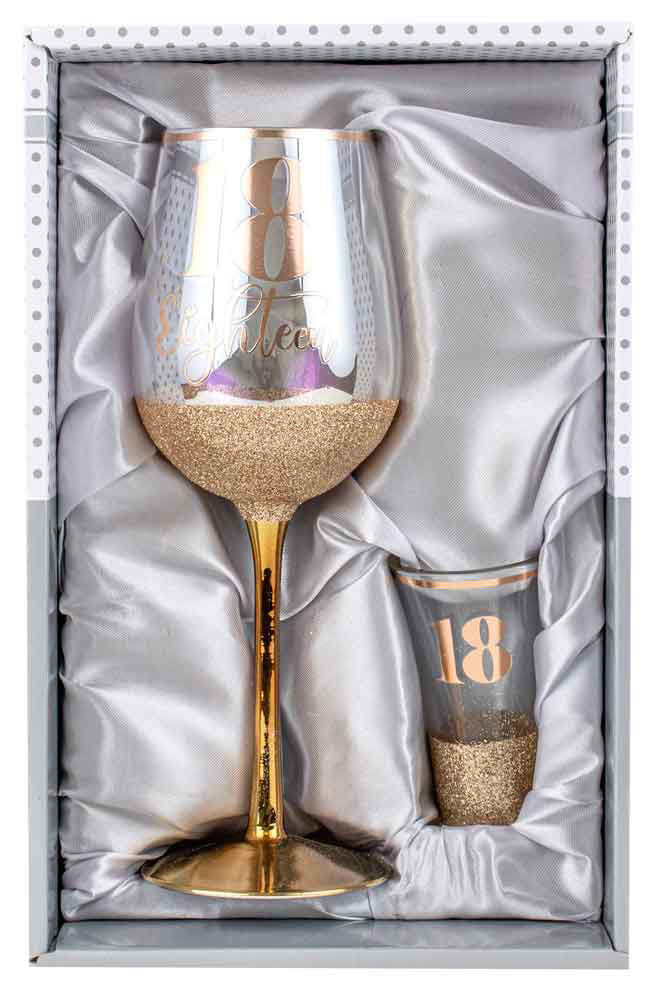 18 Rose Gold Glitter Wine and Shot Glass Set