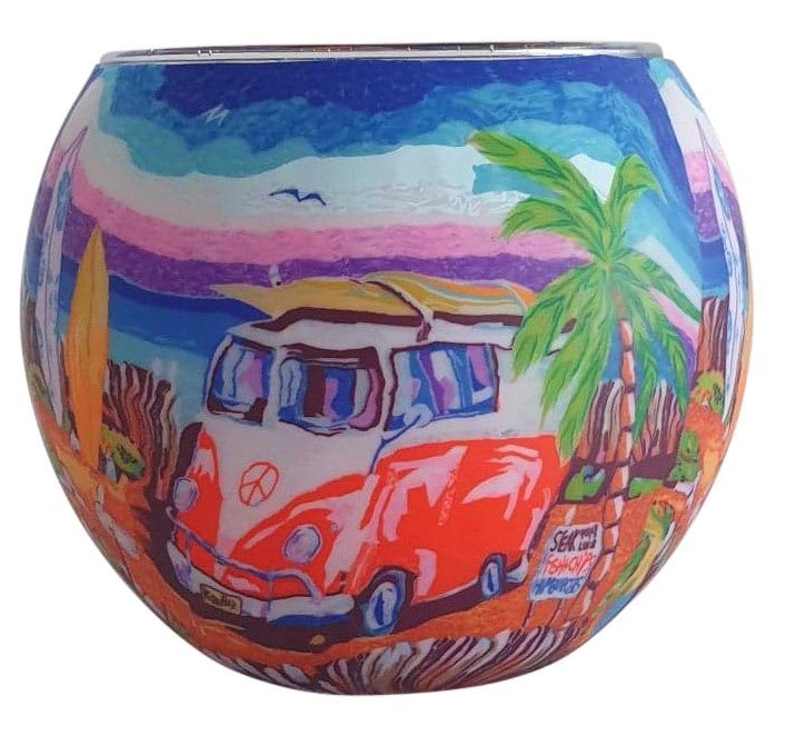 Glowing Glass Candle Holder - Kombi Van and  Beach 15cm