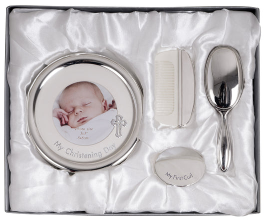 Christening Day Set with Frame, Brush, Comb & Curl Box