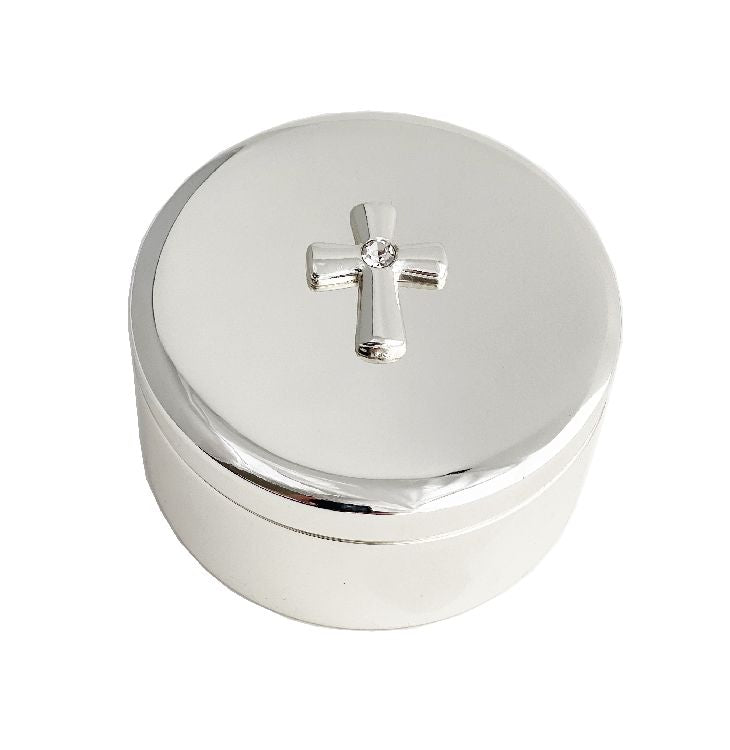 SIMPLY ELEGANT ROUND BOX CROSS SILVER PLATED