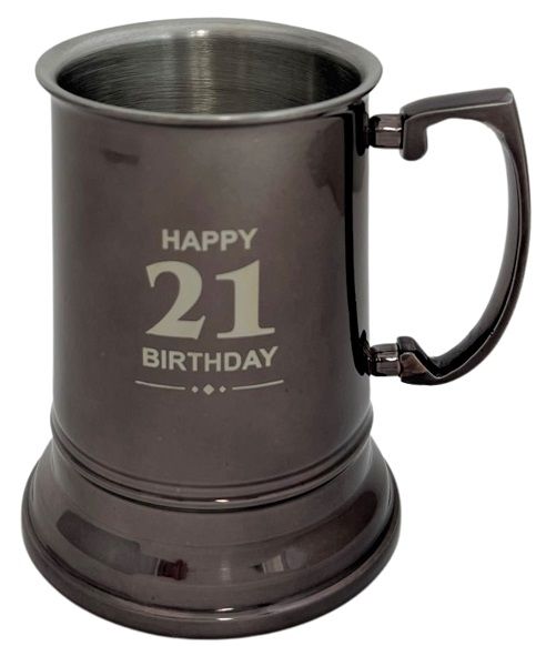 21ST BIRTHDAY STAINLESS STEEL TANKARD 480MLS GUN METAL FINISH