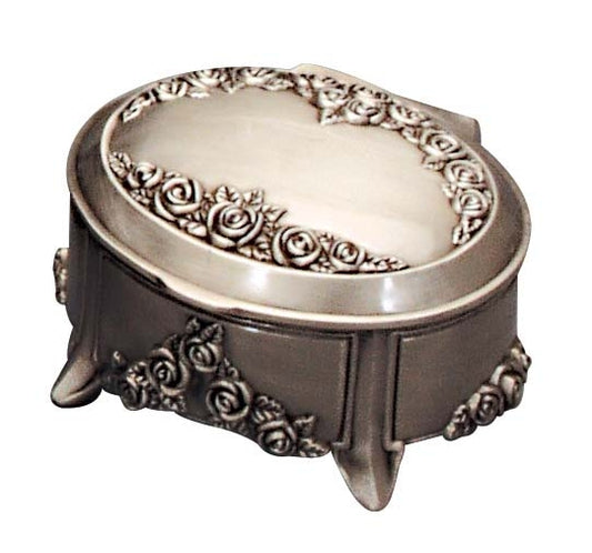 JEWELLERY BOX - ROSES - OVAL - PEWTER FINISH