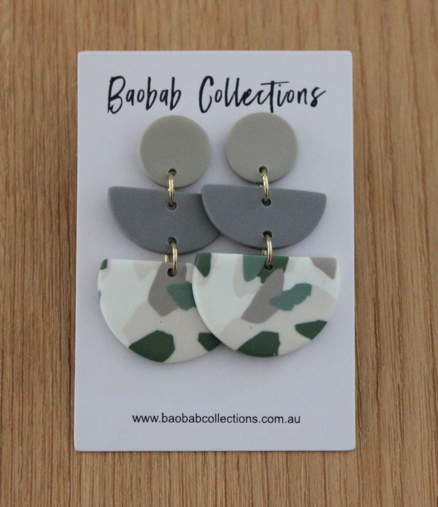 Emerald Camo Earring: 3pc Drop Stone, Grey & Emerald Half Moon Drop