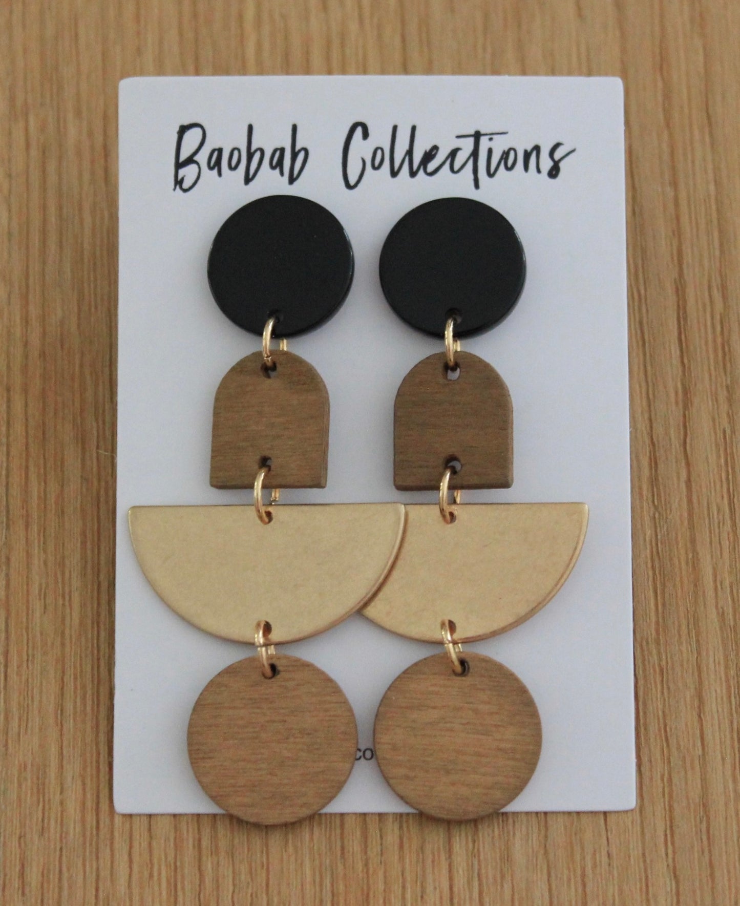 Gilded Earring: 4pc Drop, Black, Gold & Wood Circular Drop