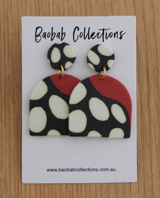 Lady Bug Earring: Red Black & White Small Bell Drop
