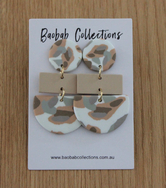 Nude Camo Earring: 3pc Drop, Circular Nude, Rectangular Beige & Nude Half Moon