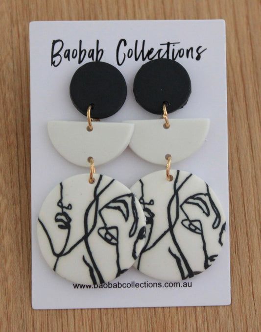 Picasso Earring: 3pc Drop, Black, White with Black & White Lined Circular Drop
