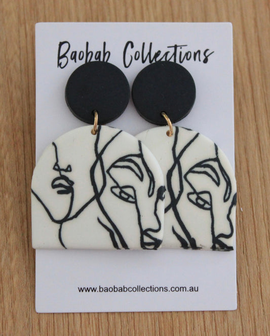 Picasso Earring:  Black Drop with Black & White Lined Bell Drop