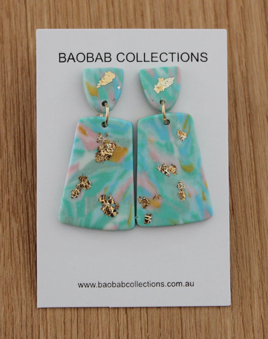 Pastel Marble Earring: Mint Rectangle Drop with Gold Leaf