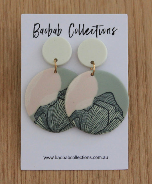 Sketch Earring: Circular Drop, Soft Pink & Mint w/ Navy Floral Sketches