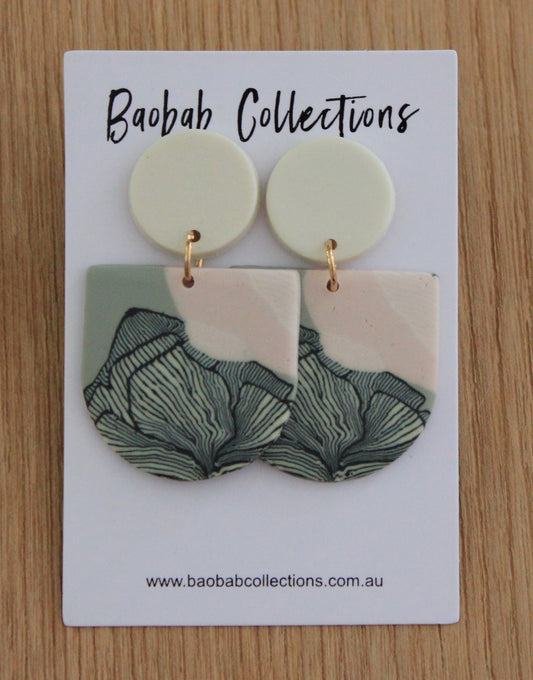 Sketch Earring: Bell Drop, Soft Pink & Mint w/ Navy Floral Sketches