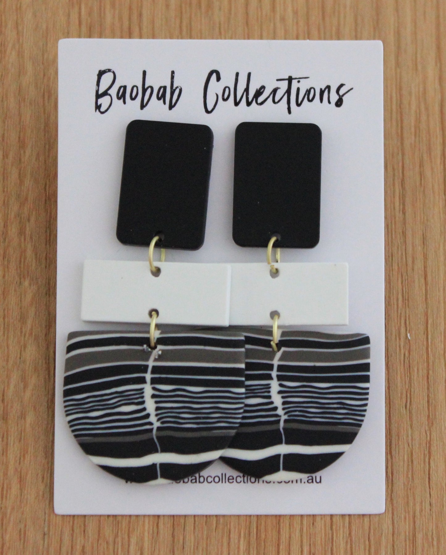 Striped Earring: 3pc Drop, Cream, Black & White Rectangle Drops w/ White, Black & Mocha Drop