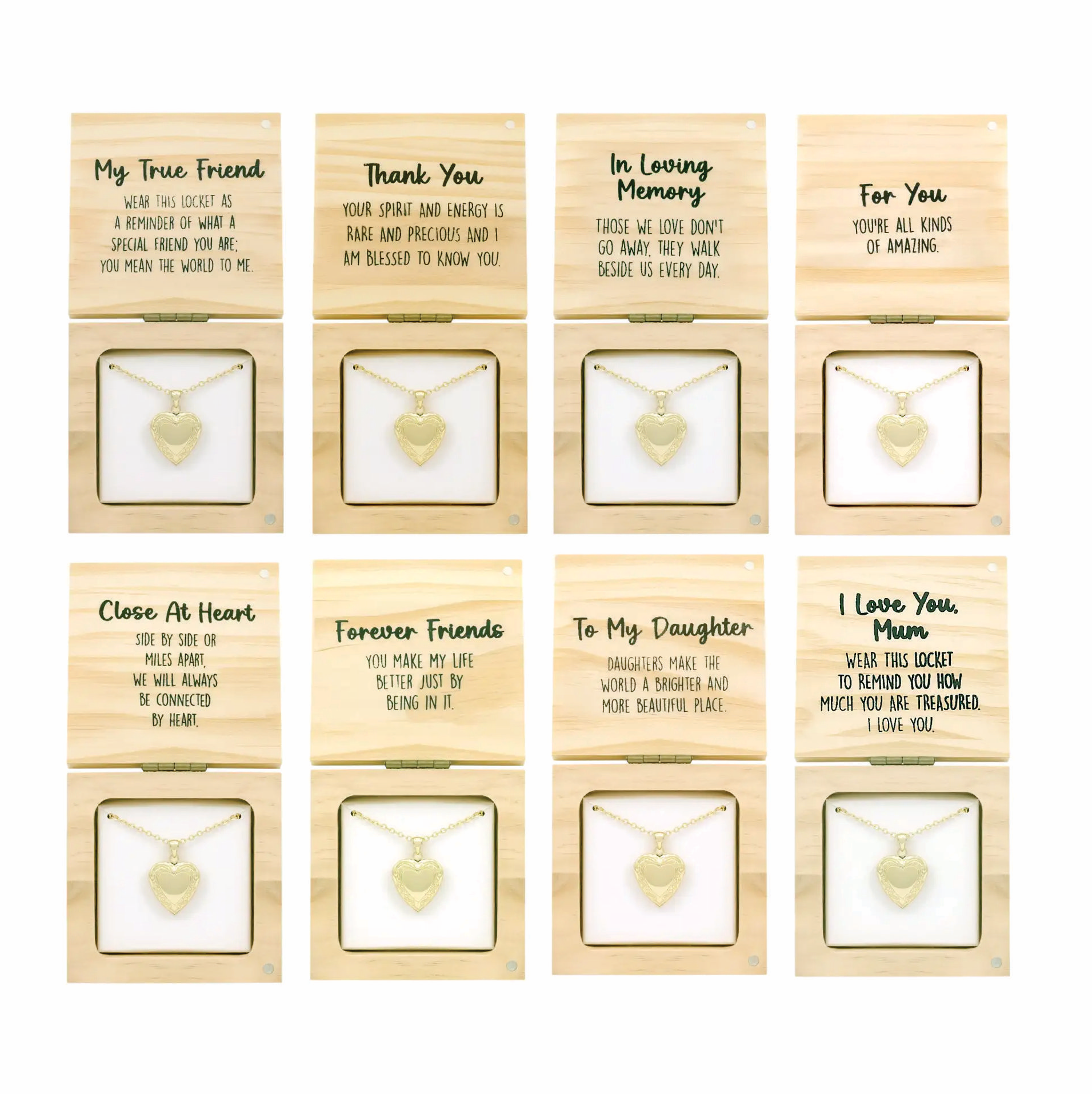 A 3x4 grid of personalized jewelry gift cards, each showing a small gold heart pendant on a white backing card above a light wood plaque. The cards feature different sentimental messages such as 'My True Friend', 'Thank You', 'In Loving Memory', 'For You', 'Close At Heart', 'Forever Friends', 'To My Daughter', and 'I Love You, Mom'.