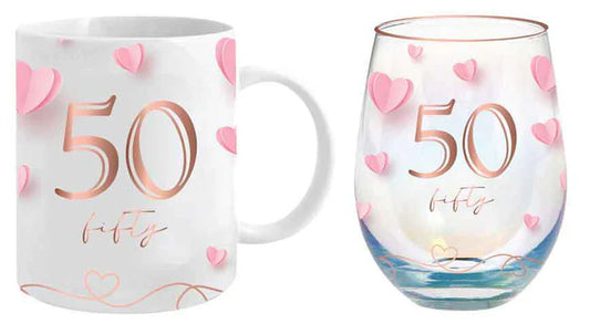 Birthday Mug and Stemless Wine Glass Set - 50th