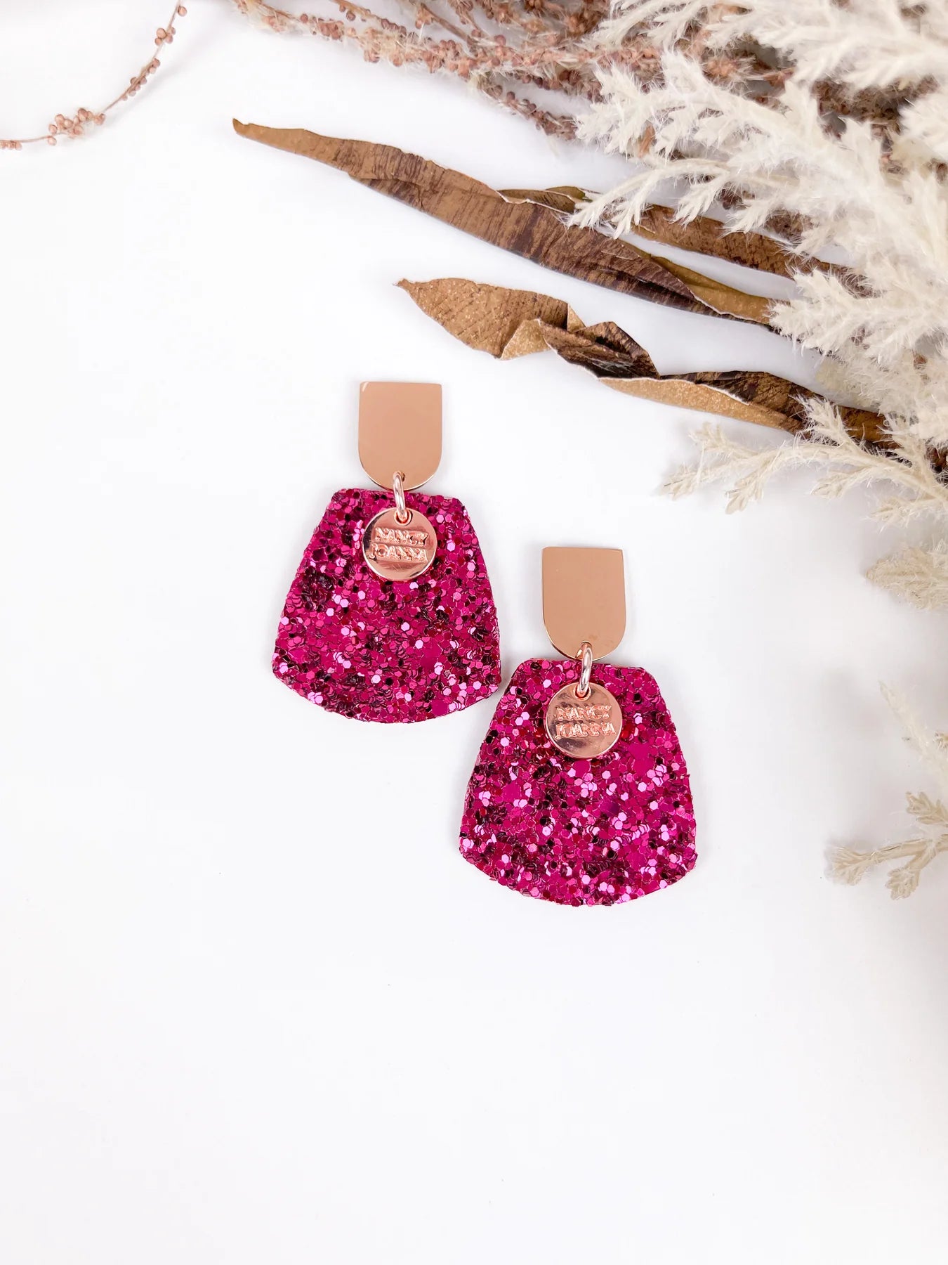 Magenta Glitter Half Drop Earrings | Nancy Joanna