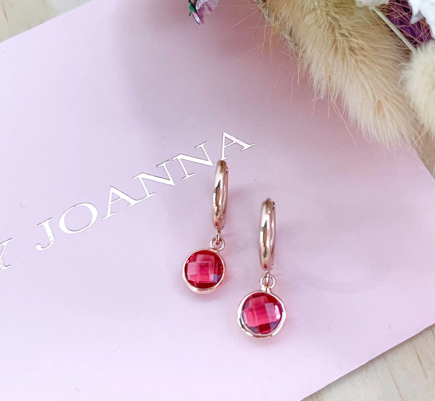 Ruby Charm Huggies Rose Gold | Nancy Joanna