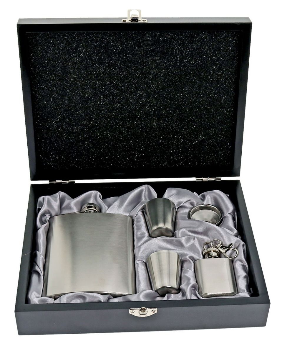 Stainless Steel 5 Piece Hip Flask Set in Satin Lined Gift Box
