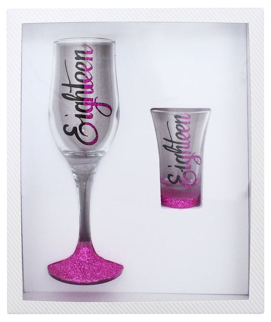 18 Shot and Flute Pink Glitter Glassware Gift Pack