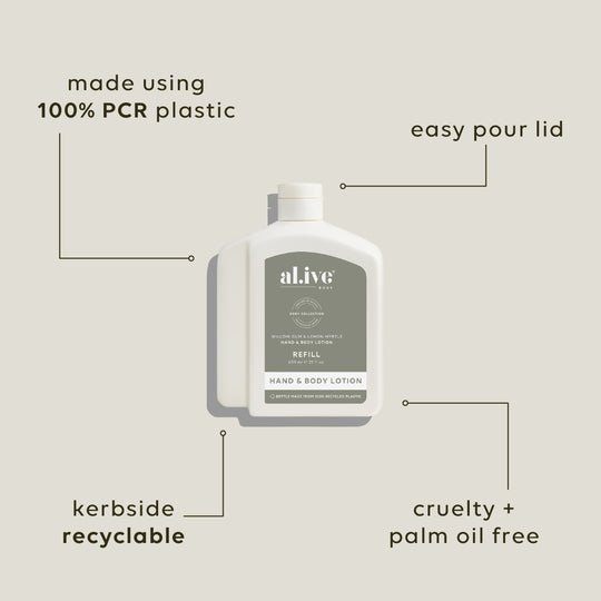 650ml Lotion Refill | Willow Gum & Lemon Myrtle | al.ive