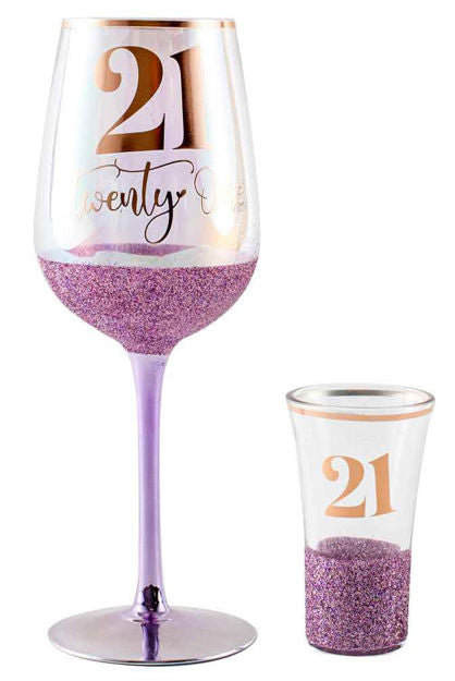 21 Purple Glitter Wine and Shot Glass Set