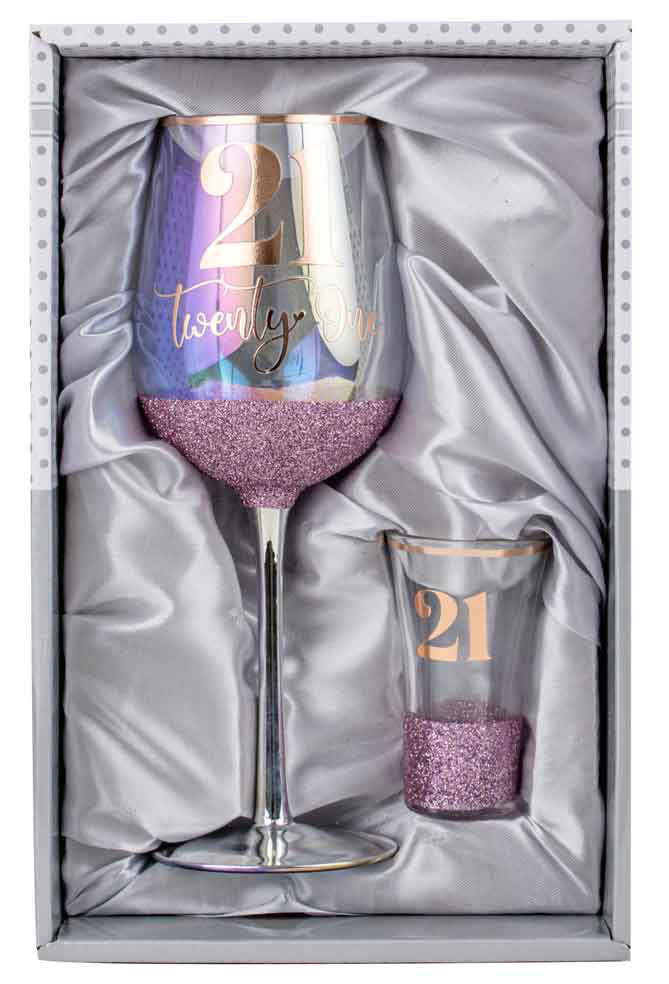 21 Purple Glitter Wine and Shot Glass Set