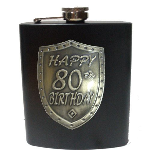 80TH SILVER SHIELD BADGE - MATT BLACK STAINLESS STEEL FLASK - BOXED 190ML