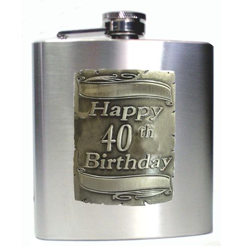 40TH SILVER SQUARE BADGE -  SATIN  STAINLESS STEEL FLASK  - 190ML - BOXED