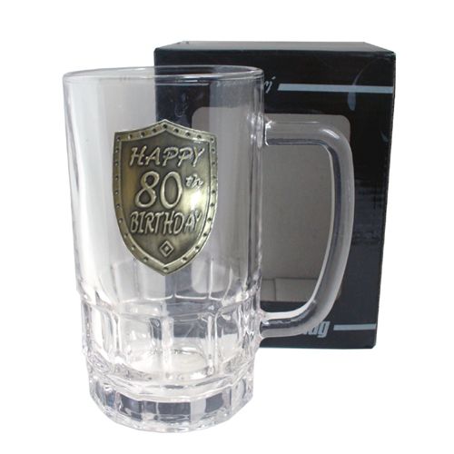80TH SILVER SHIELD BADGE -  BEER MUG GLASS 500ML -  BOXED