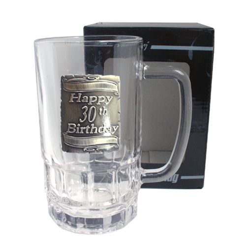 30TH SILVER SQUARE BADGE BEER MUG GLASS  - GIFT BOX 500ML