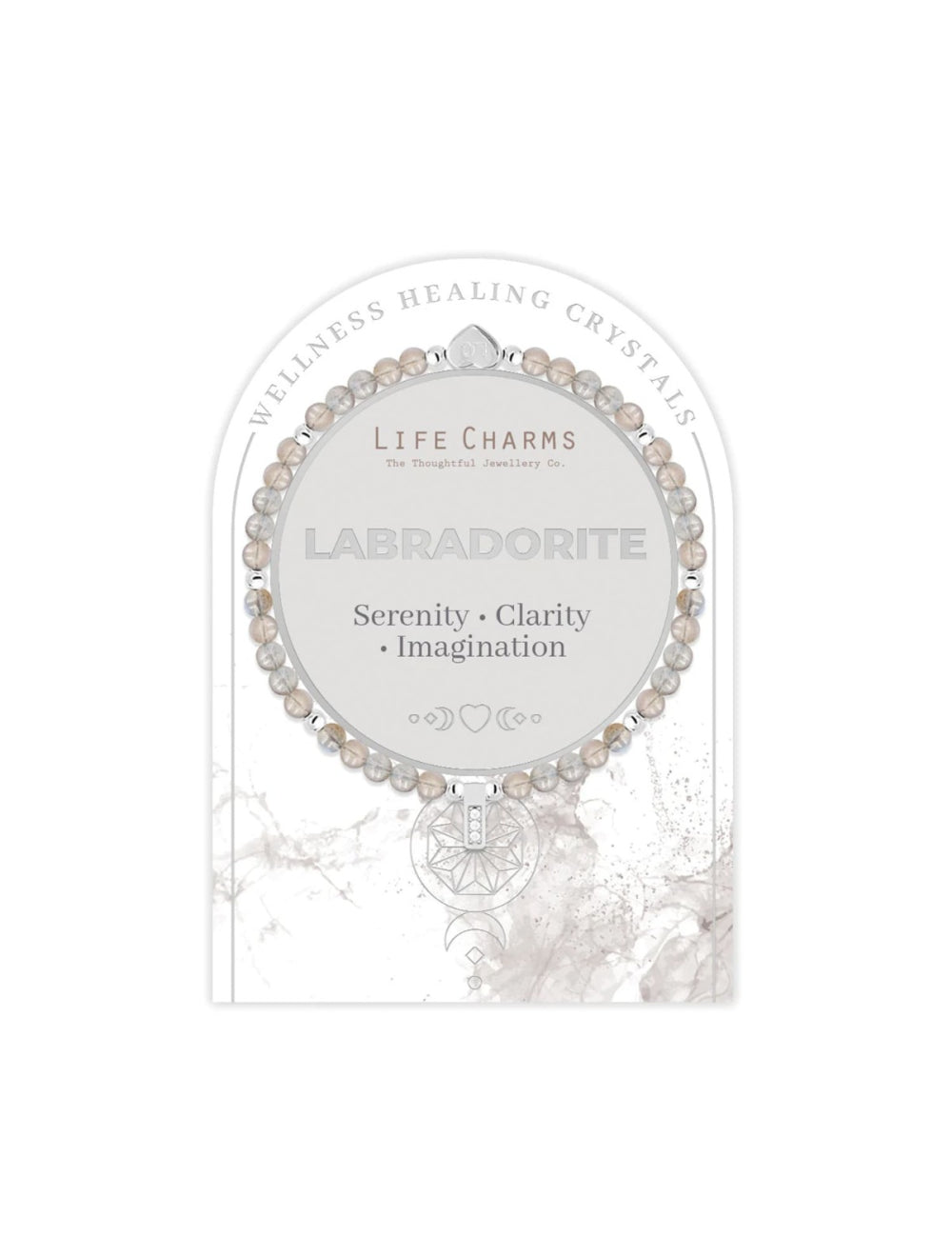 Life Charms Labradorite crystal package with text on a white background
