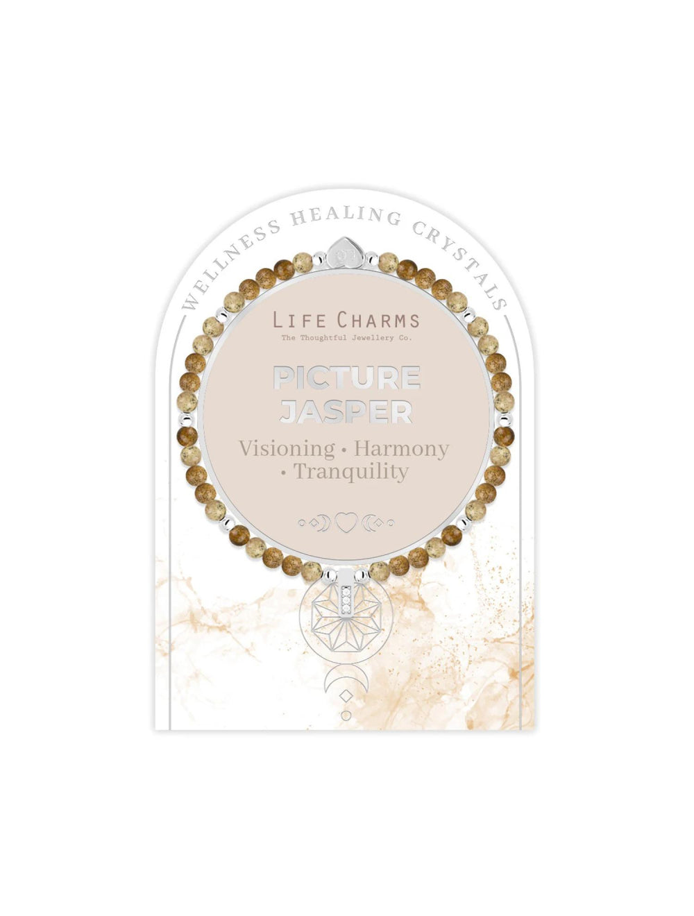 Life Charms Picture Jasper bracelet packaging on a white background